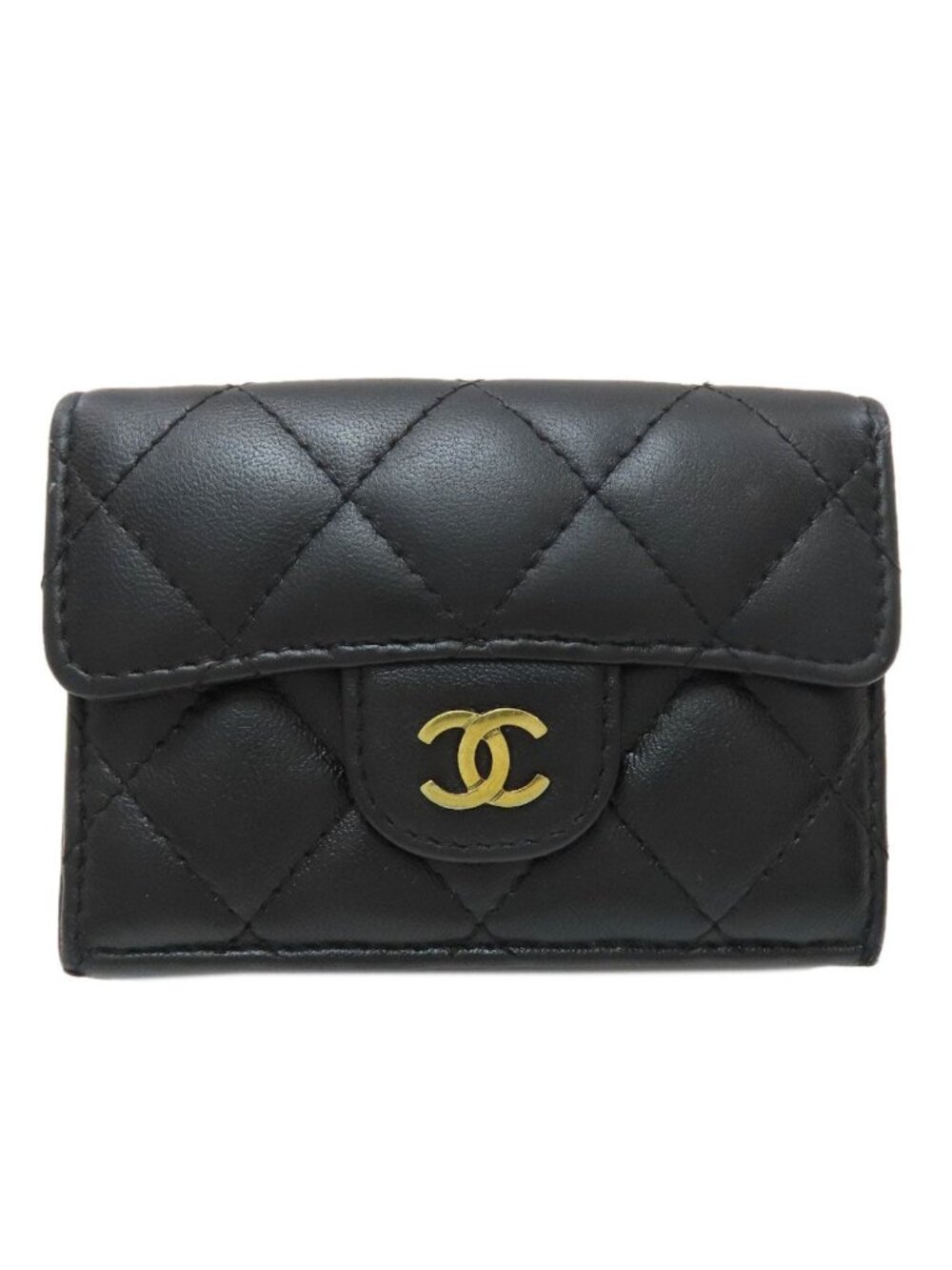 Chanel Quilted Compact Wallet Gold Trifold Lambskin